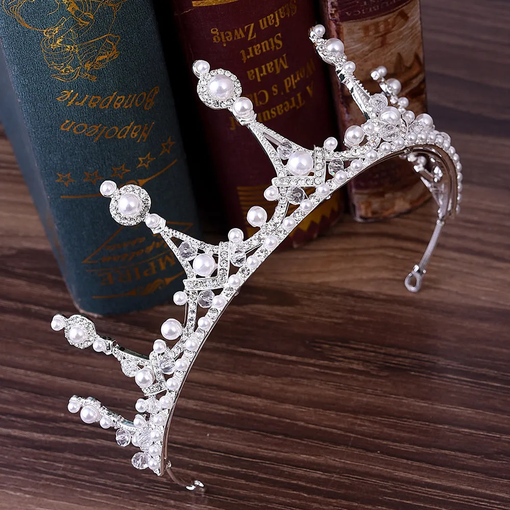 Princess cute bride rhinestone handmade crystal beads inlaid pearl crown headband wedding accessories
