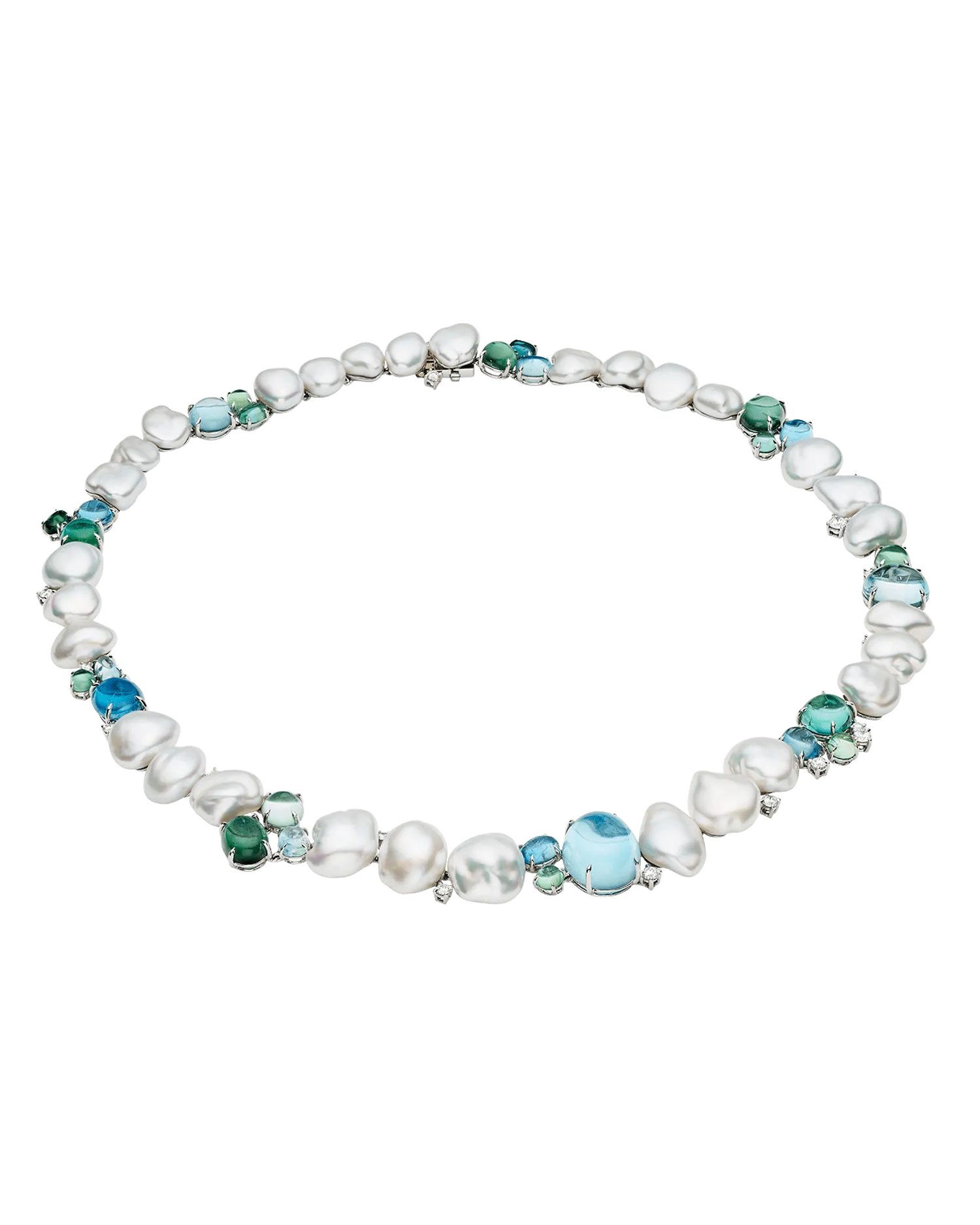 Rockpool Pebble Pearl Necklace |4-9mm Keshi Pearls, Aquamarines, and Platinum