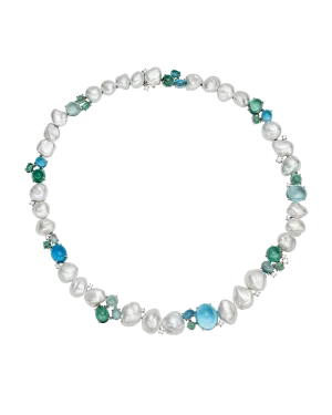 Rockpool Pebble Pearl Necklace |4-9mm Keshi Pearls, Aquamarines, and Platinum