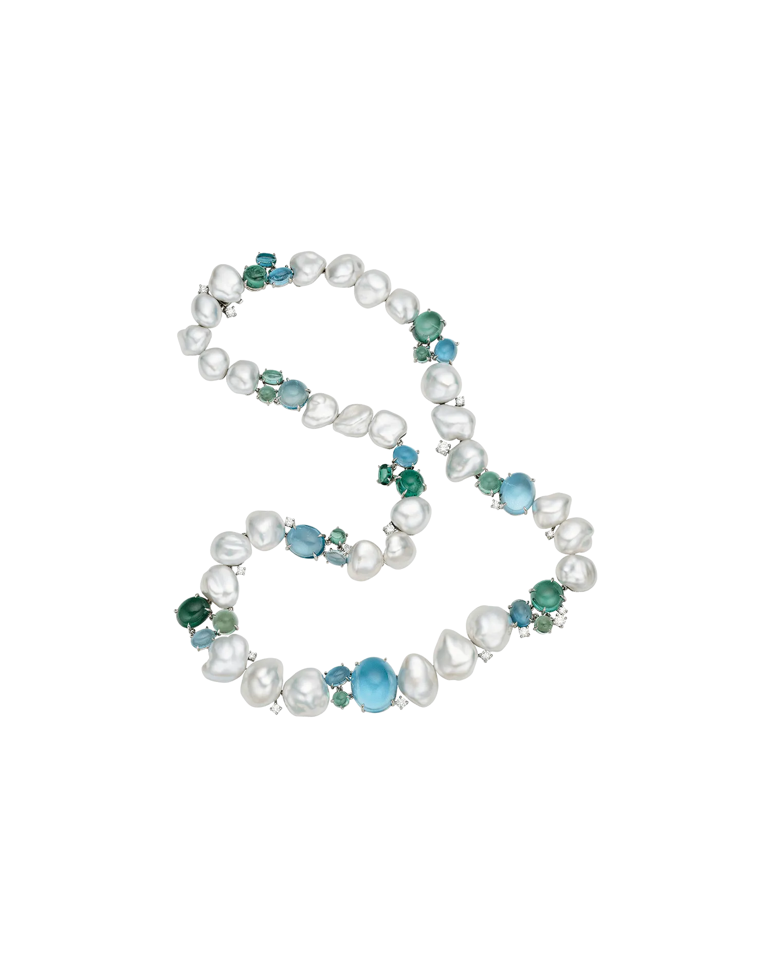 Rockpool Pebble Pearl Necklace |4-9mm Keshi Pearls, Aquamarines, and Platinum