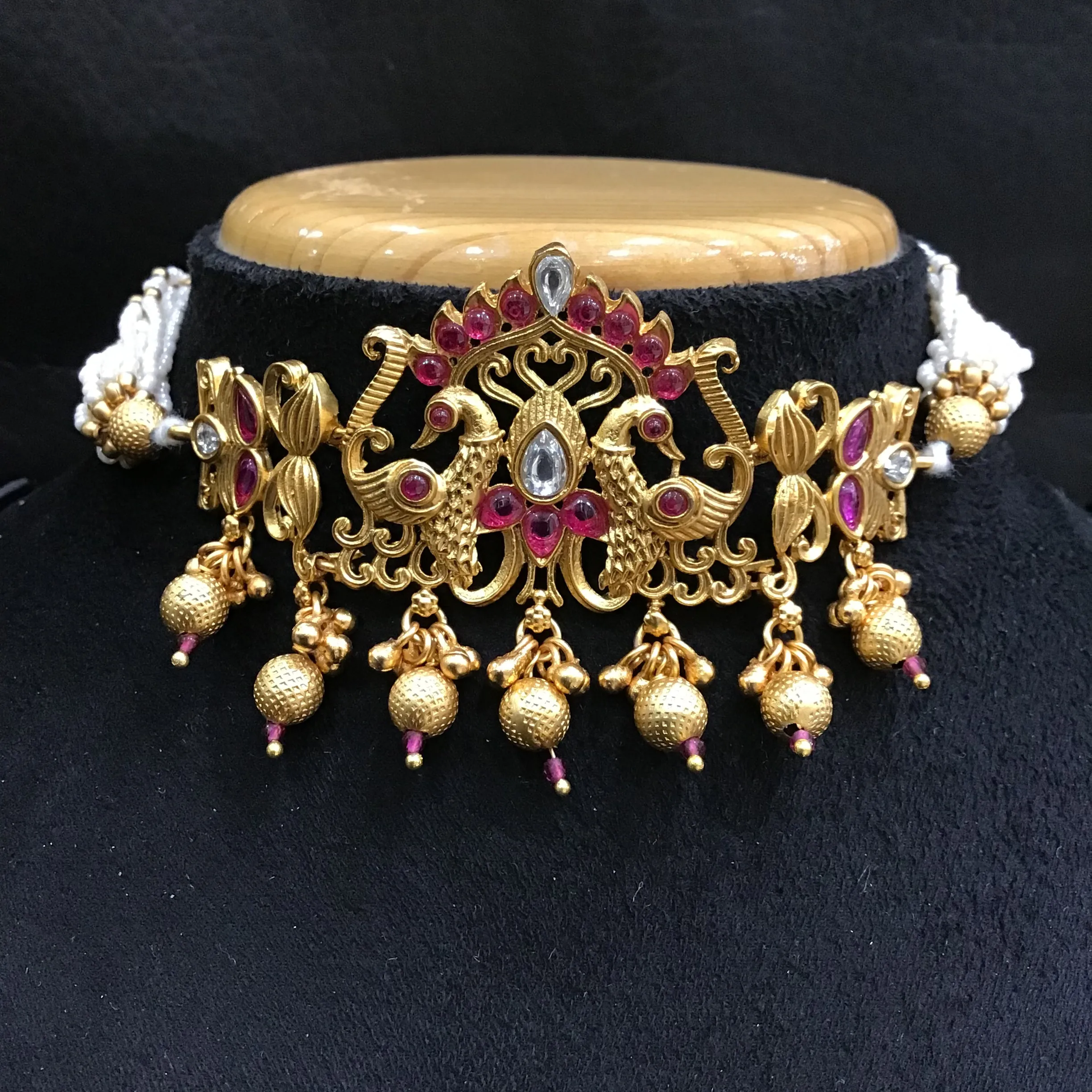 Ruby Color Antique Gold Plated Necklace Set 16678-3825