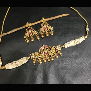 Ruby Color Antique Gold Plated Necklace Set 16678-3825