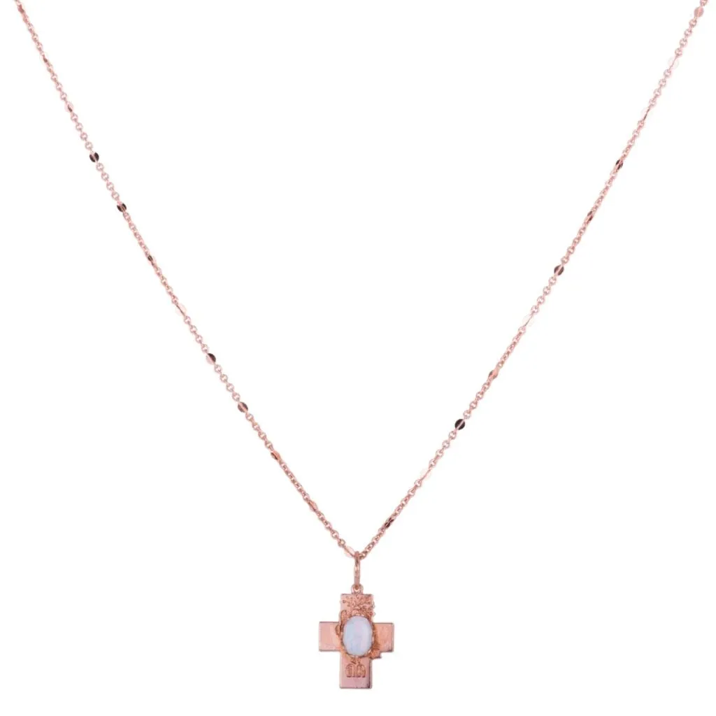 Small Cross Pendant in "White Opal" - Rose Gold
