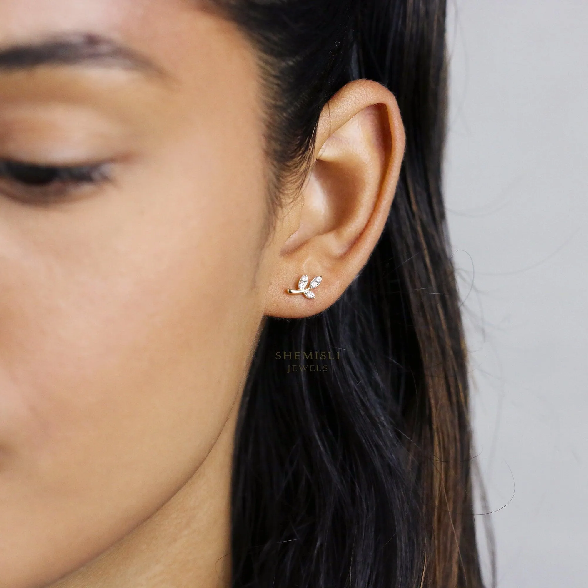 Tiny Leaf CZ Earrings, Gold, Silver SHEMISLI - SS176 Butterfly End, SS767 Screw Ball End (Type A) LR