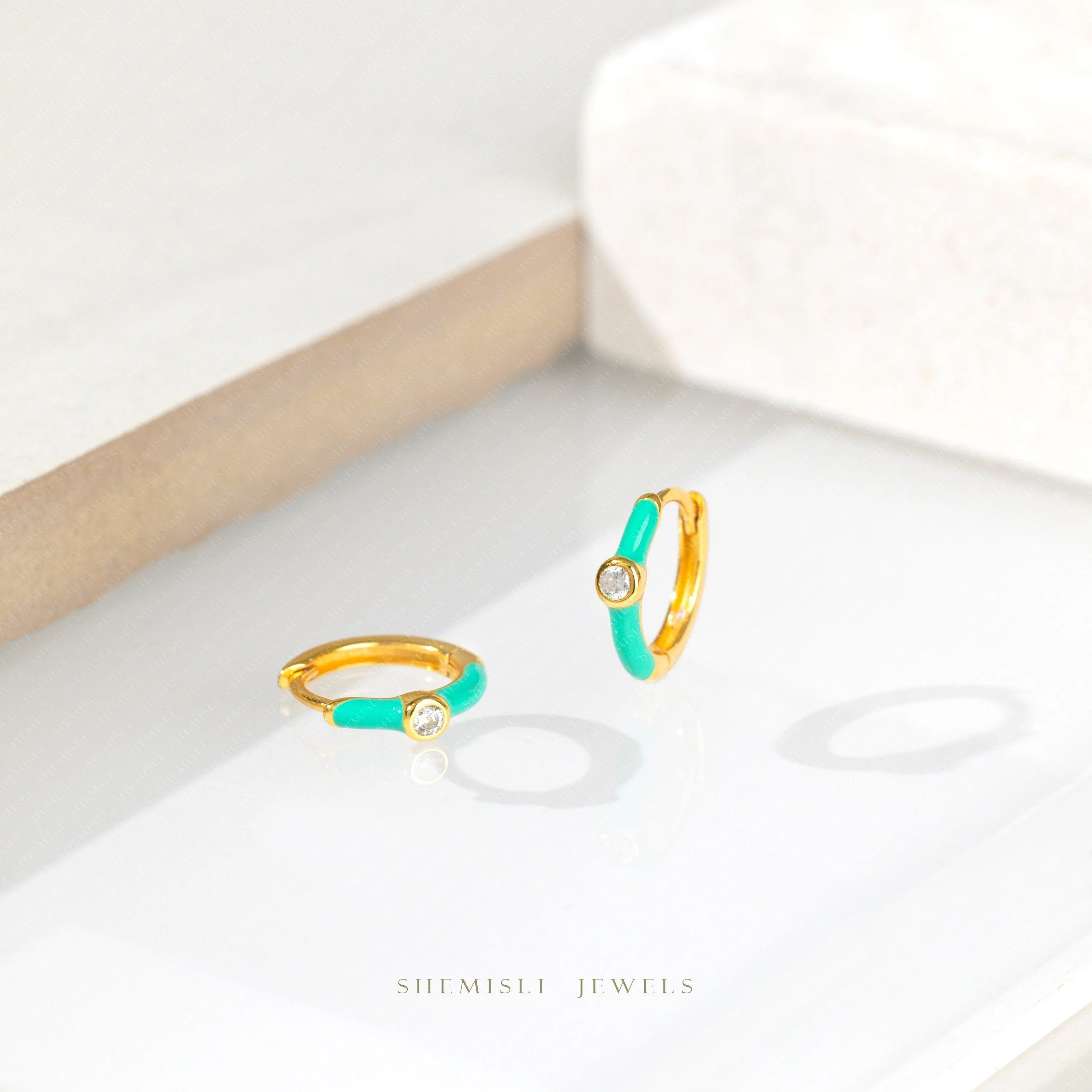 Turquoise Enamel Stone Hoop Earrings, Huggies, Gold, Silver SHEMISLI - SH218