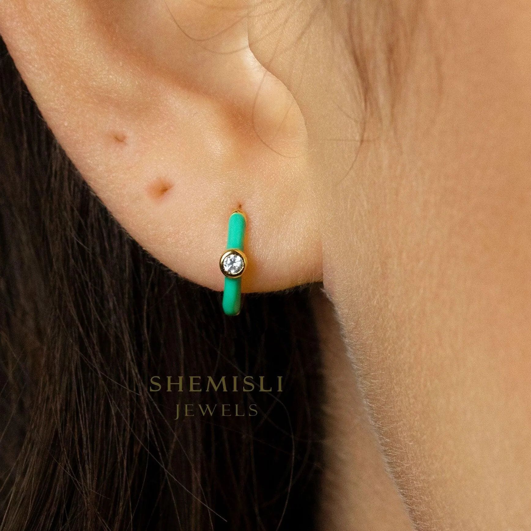 Turquoise Enamel Stone Hoop Earrings, Huggies, Gold, Silver SHEMISLI - SH218