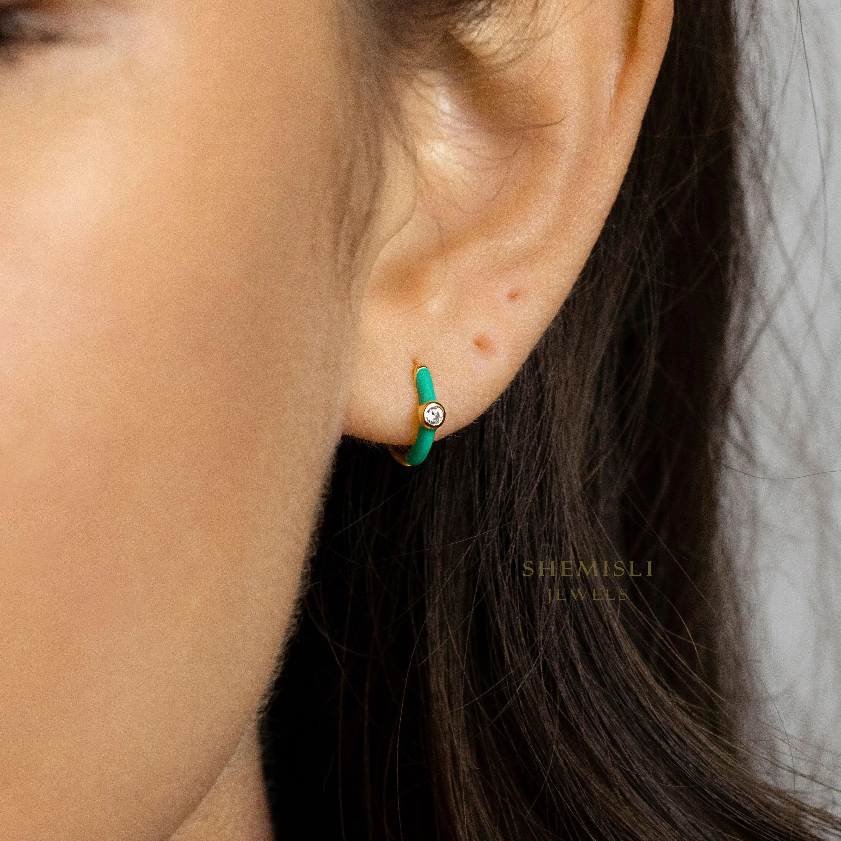 Turquoise Enamel Stone Hoop Earrings, Huggies, Gold, Silver SHEMISLI - SH218