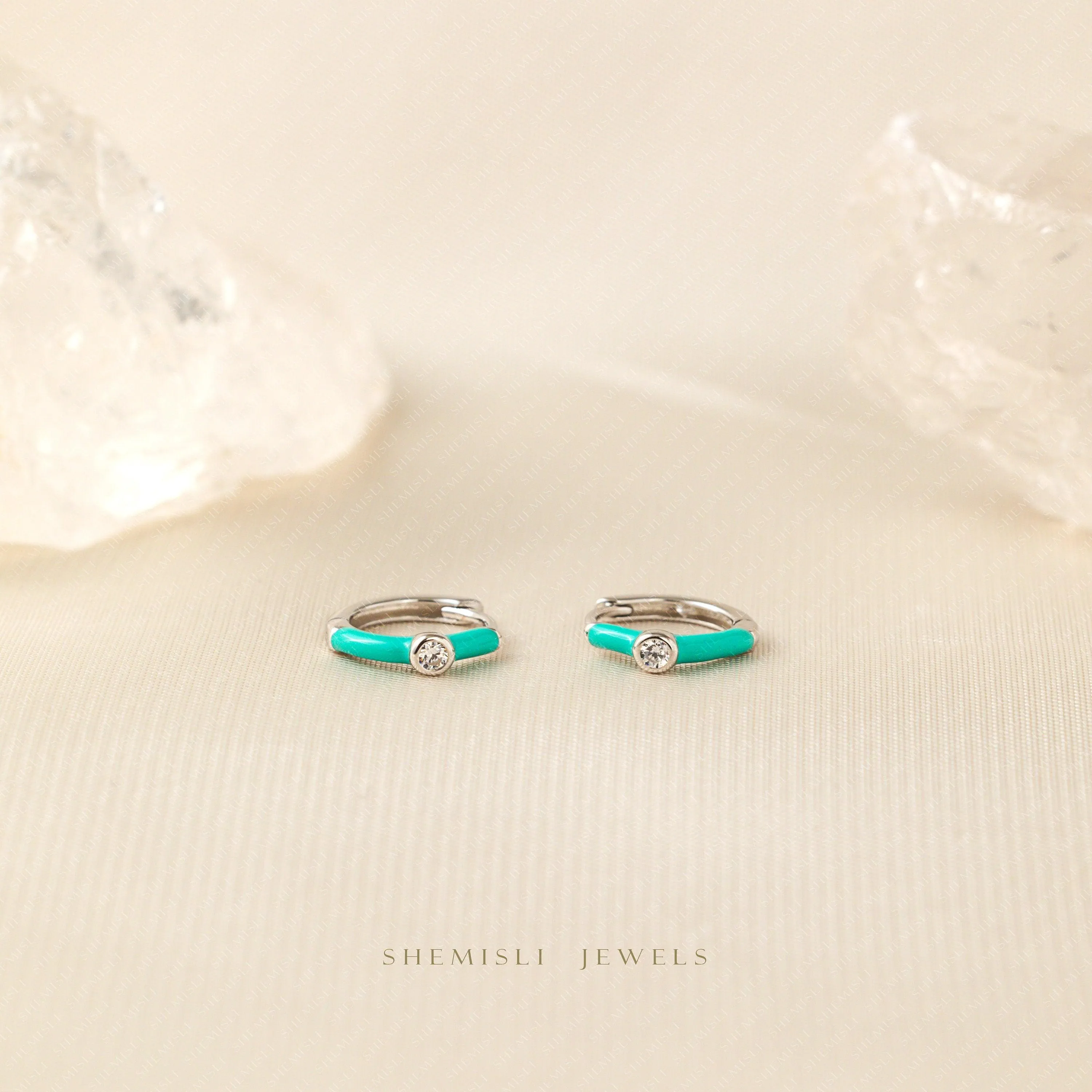 Turquoise Enamel Stone Hoop Earrings, Huggies, Gold, Silver SHEMISLI - SH218