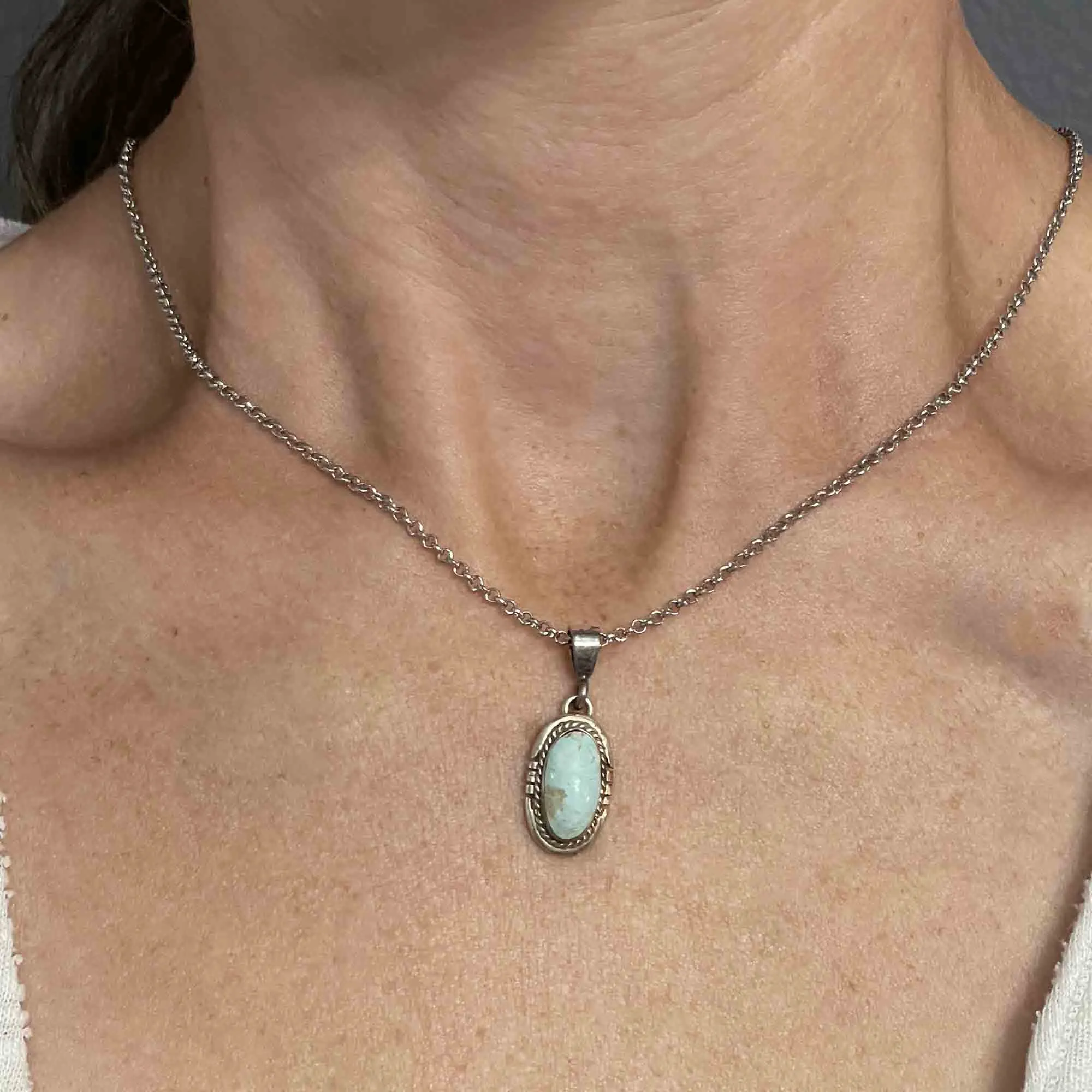 Vintage Turquoise Silver Rope Pendant Necklace